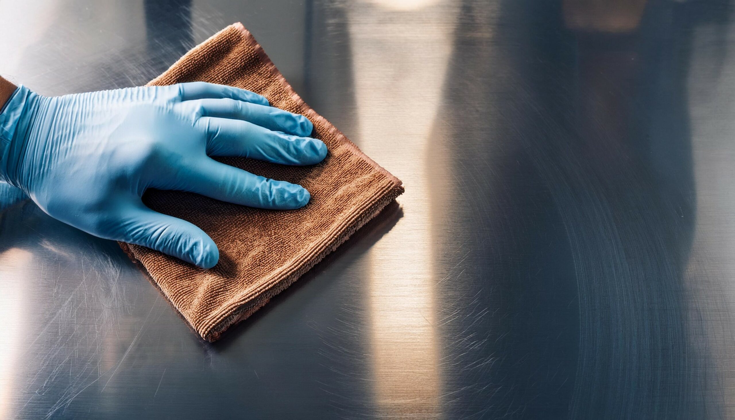 hand wiping steel counter in commercial space
